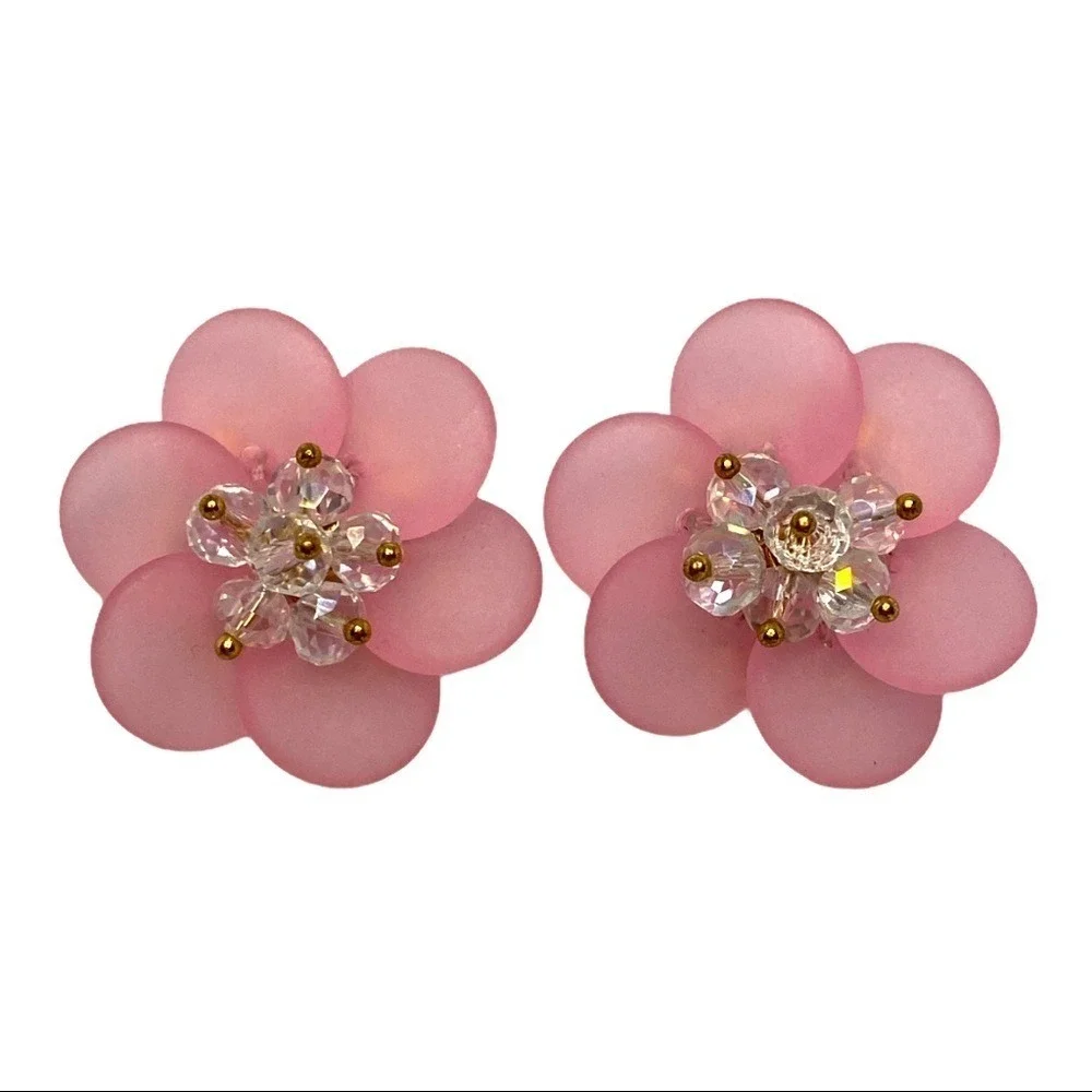 Women's Pink Flower‎ Earrings Crystal Beaded Accent Studs Fashion Jewelry
